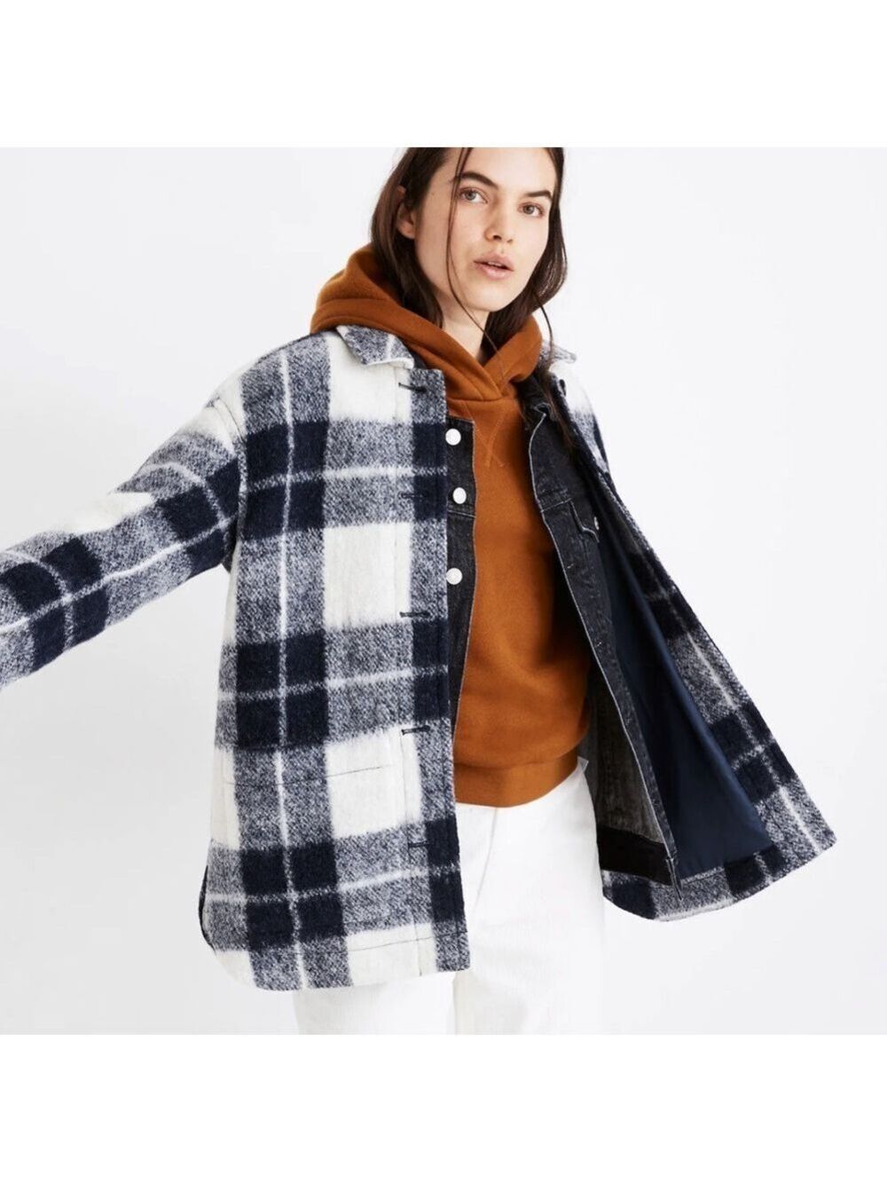 Madewell Wool Blend Walton Shirt-Jacket in Colleton Plaid Navy Sz M